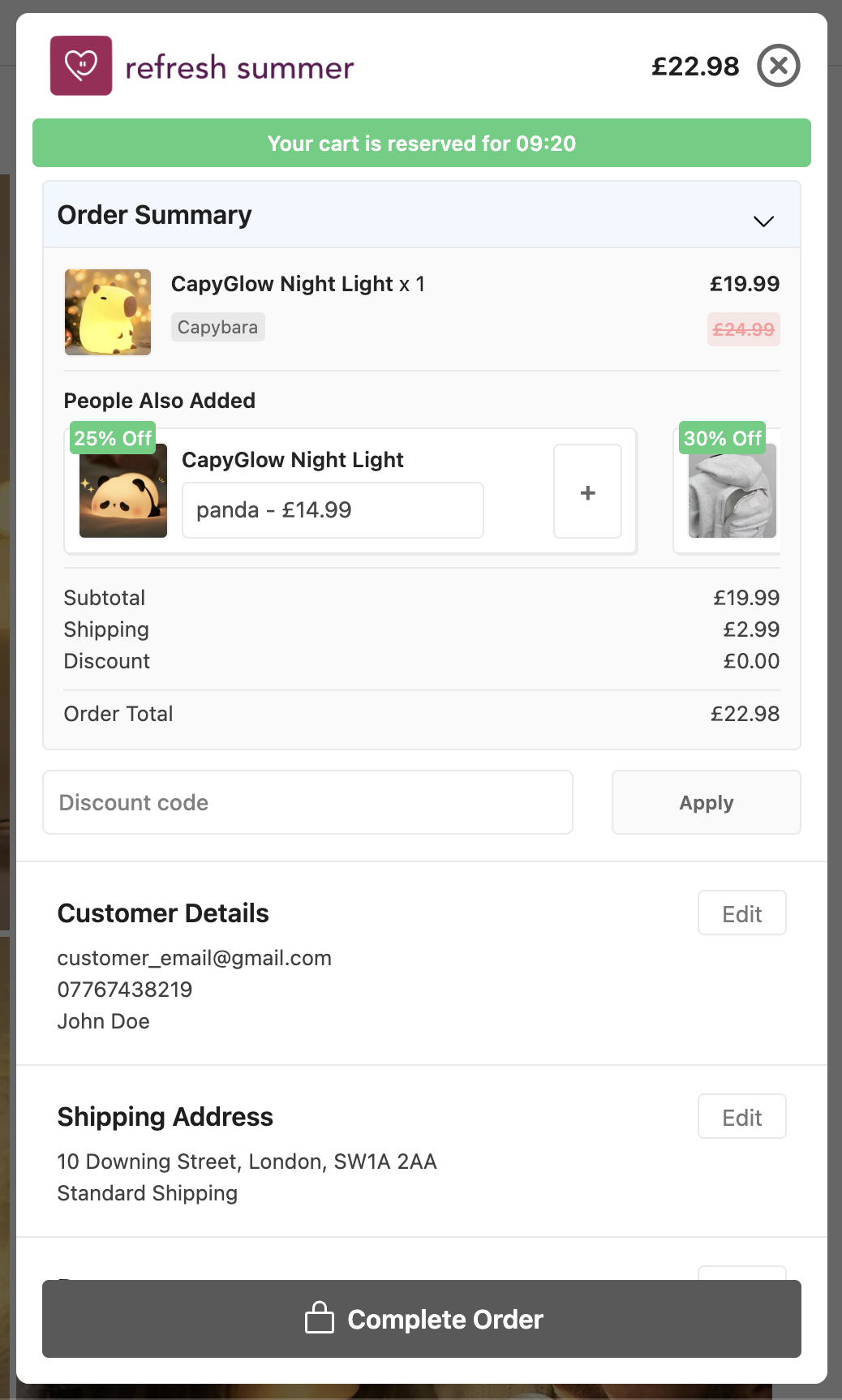 Arnya custom checkout showing an order summary, upsells and customer details